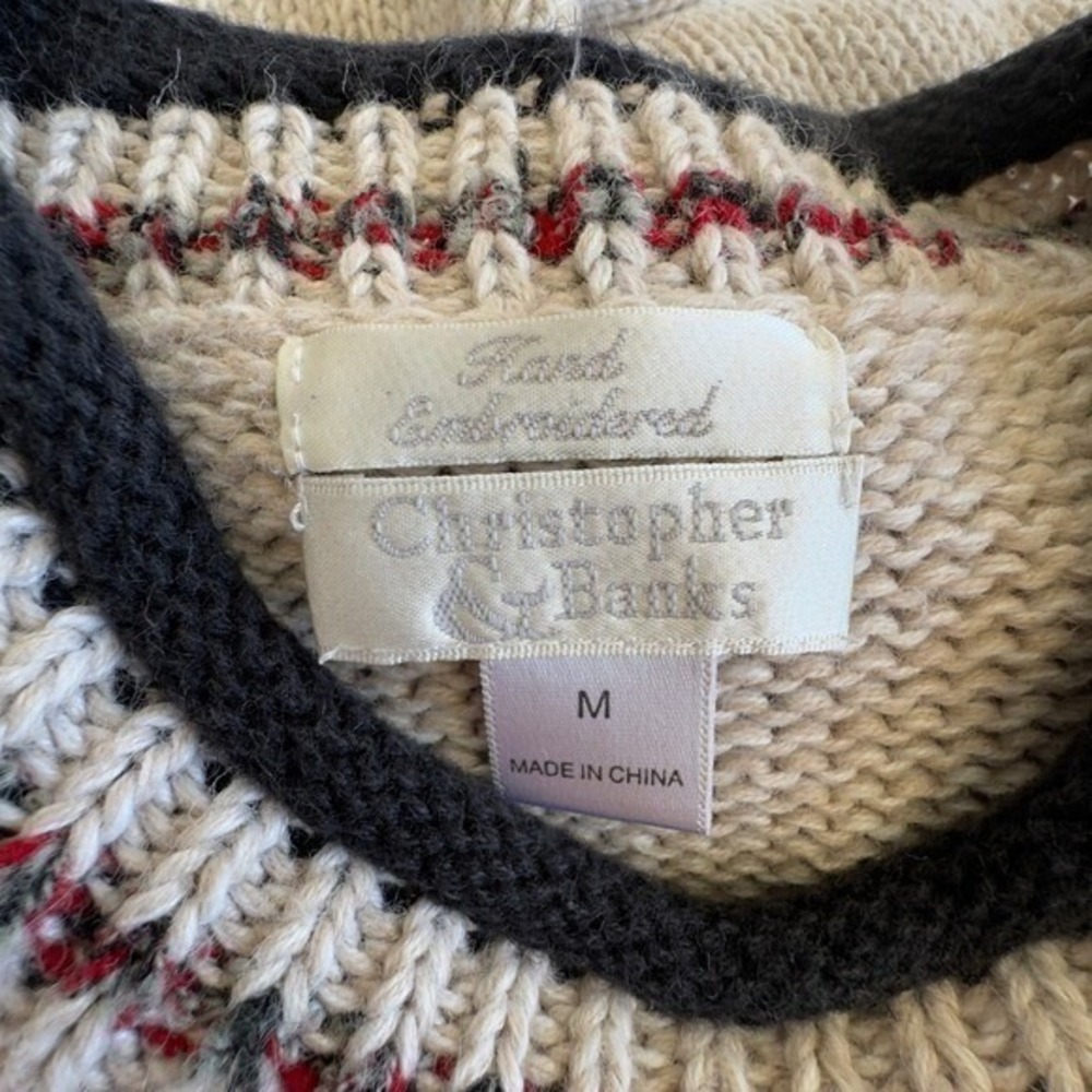 Christopher & Banks Cardinal Embroidered Sweater Tan Red Winter Holiday Medium - Picture 2 of 5